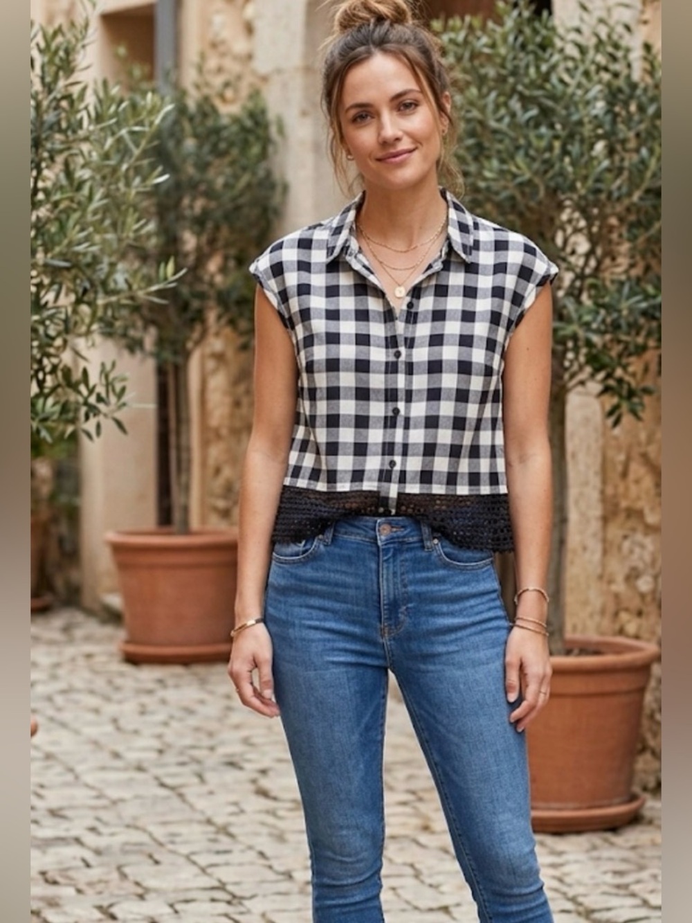 Holding Horses Anthropologie Gingham Plaid Crochet Trim Button Down Shirt Small